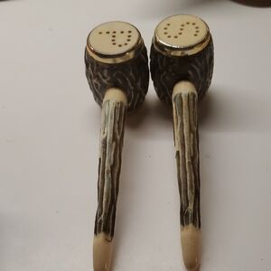 Simulated stag horn salt and pepper shakers shaped like pipes,  vintage. 5inches